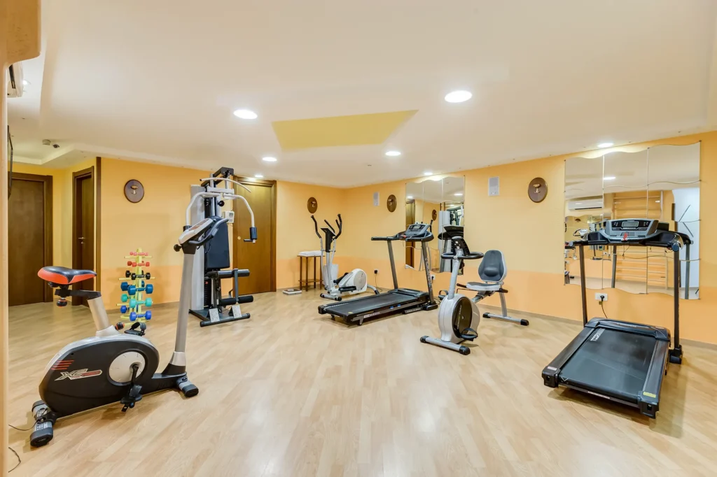 Pictured are some of the equipment in the hotel gym: exercise bikes, treadmills and weights